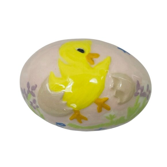 Easter Egg  Yellow Chick & Floral Design Handcrafted By Dolly Vintage Ceramic - Picture 1 of 9